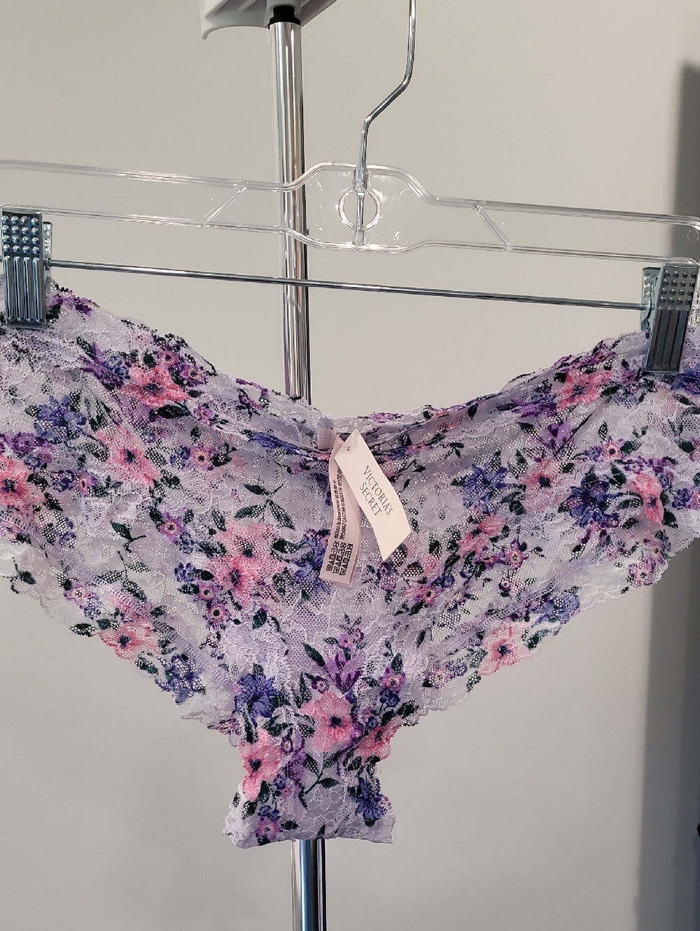 Victoria's Secret Lavender Floral Lace Bikini Panty with Pink & Purple Blooms
